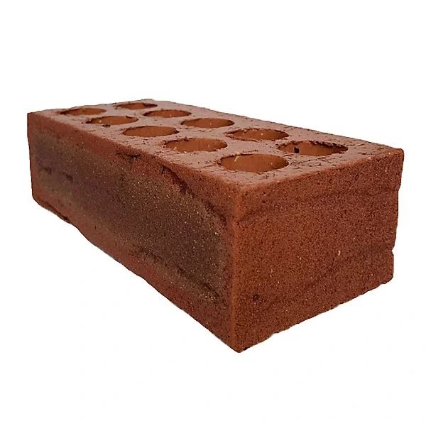 Wienerberger Tuscan Rough Red perforated facing brick, rough-textured red brick with ten vertical perforations, on a white background