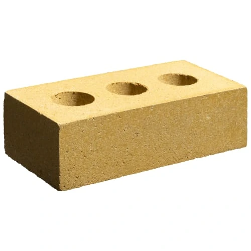 Marshalls Ashdown Buff facing brick, buff/cream perforated brick with three vertical holes, on a white background